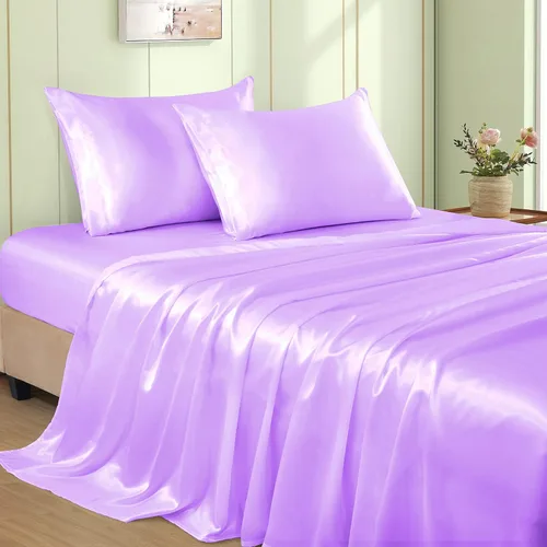 Vista 10 de VACVELT Juego de 3 sábanas de satén color beige tamaño individual, juego de ropa de cama, sábana bajera de satén sedoso con bolsillo profundo de 15