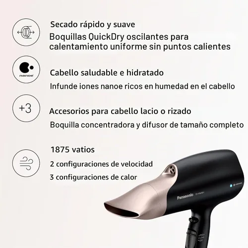 Vista 2 de Panasonic Secador de pelo Nanoe Salon con boquilla oscilante de secado rápido, accesorios difusores y concentradores, 3 ajustes de calor y 2 Negro