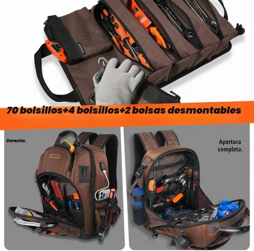 Vista 3 de WELKINLAND 70Pockets Mochila de herramientas HVAC con rollo de herramientas, mochila de bolsa de herramientas