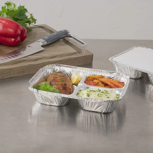 Vista 3 de Restaurantware Foil Lux - Recipientes de aluminio para alimentos de 23 onzas, 100 bandejas rectangulares de aluminio, tapas se venden por separado