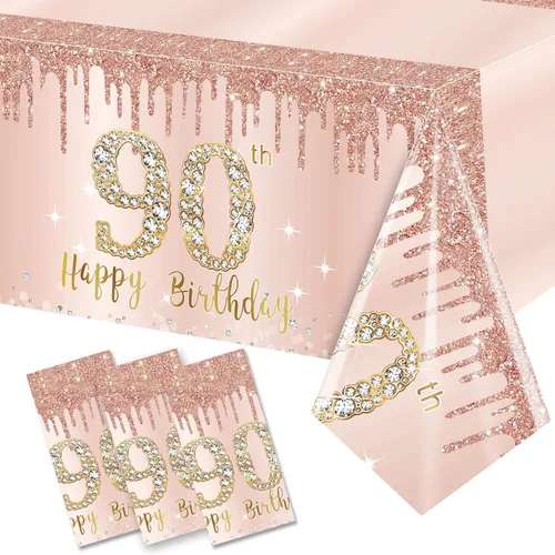 Vista 9 de Pack de 3 manteles de cumpleaños número 70 para mujer, rosado y dorado, mantel de plástico desechable rectangular para fiesta de cumpleaños número