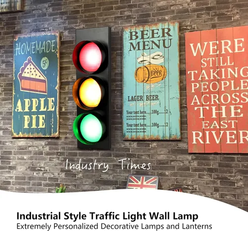Vista 4 de HOMIER Lámpara de pared de semáforo, lámpara LED de tráfico de estilo retro con control remoto, decoración de luz de parada de tráfico de sala