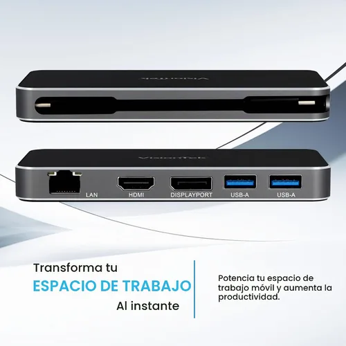 Vista 4 de VisionTek VT350 Hub portátil USB-C para monitor dual, 1 DP, 1 HDMI, 2 USB-A