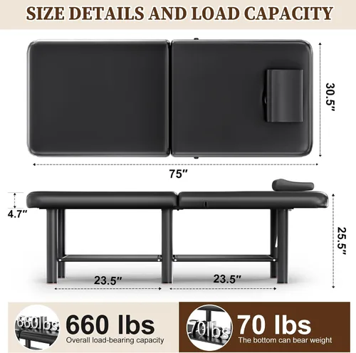 Vista 5 de Mesa de masaje plegable estacionaria, mesa de tratamiento con respaldo ajustable y gran espacio de almacenamiento, amplia mesa de masaje con marco