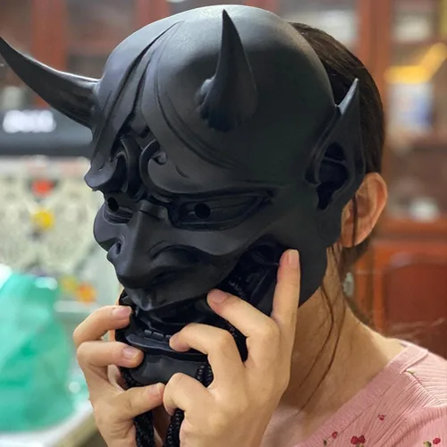 Vista 8 de HHHJ Máscara de Samurai Oni, máscaras de cara completa, monstruo demonio malvado, Kabuki, Samurai Hannya, bola protectora de cara completa, fiesta