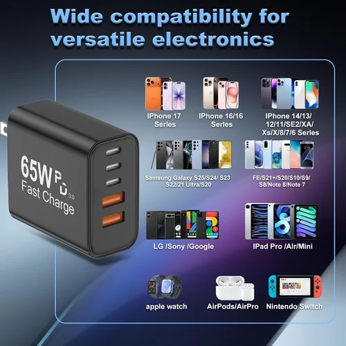 Vista 6 de Bloque de Cargador USB C, Paquete de 2 Cargadores de Pared USB C de 65W con 6 Puertos, Cargador de Pared para iPhone, Adaptador de Corriente PD+QC