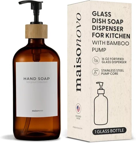 Vista 16 de MaisoNovo Juego de dispensadores de jabón de vidrio para baño Juego de dispensadores de jabón de manos y jabón para platos Botellas ámbar