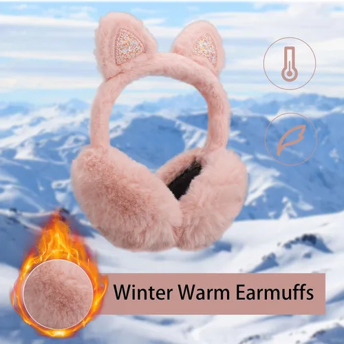 Vista 6 de Pop Your Dream Linda orejera de gato para niños, niñas, suave felpa brillante, calentadores de orejas de invierno, fundas ajustables para exteriores