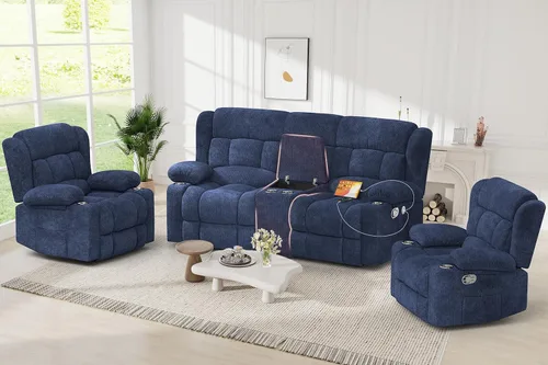 Vista 18 de Juego de sofá reclinable loveseat con 2+1 piezas, 2 plazas estilo minimalista reclinable manual con tirador, loveseat con puertos de carga USB