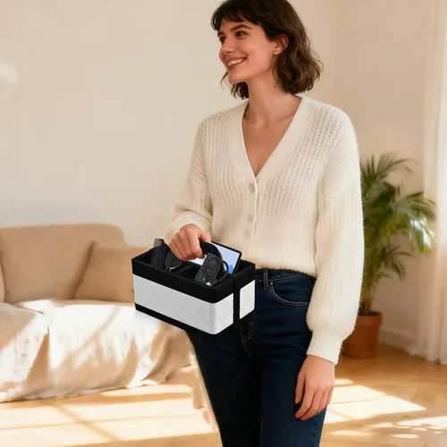 Vista 9 de Organizador de Escritorio Caddy con Asa - Soporte Portátil de Cuero PU para Control Remoto - Bolsa de Almacenamiento Tote para Mesita de Noche