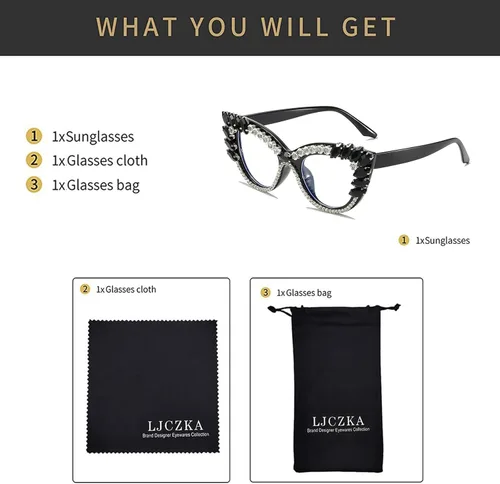 Vista 5 de LJCZKA Rhinestone Cat Eye Glasses Women Retro Diamond Bling Shiny Cateye Blue Light Blocking Glasses Computer Eyeglasses