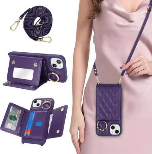 Vista 27 de Funda para iPhone 14 con tarjetero y correa para mujer, cordón cruzado, espejo de maquillaje, soporte de anillo, cierre a presión, bonitas fundas