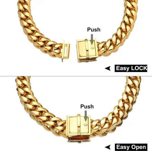 Vista 5 de Collar de cadena de oro para perro con etiqueta de identificación de perro, cadena de eslabones cubanos de acero inoxidable de 18 quilates