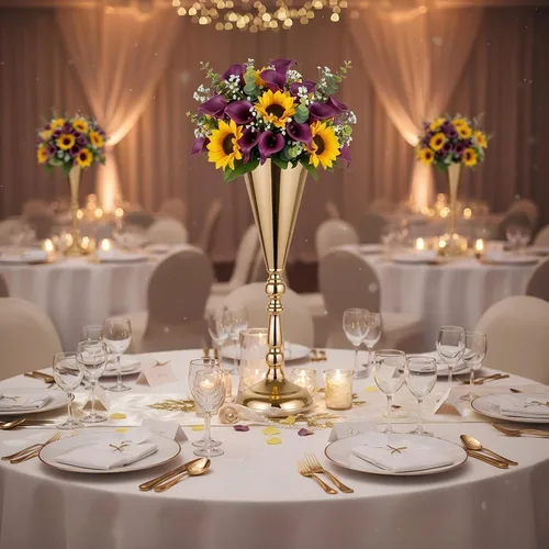 Vista 5 de Juego de 2 jarrones de metal para mesa de trompeta de boda, centro de mesa, jarrón de flores para decoración de eventos de boda, decoración de Dorado