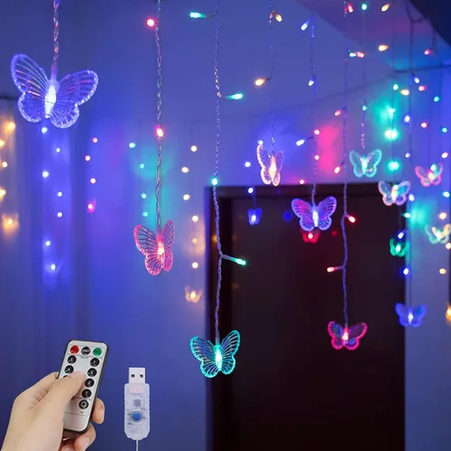 Vista 11 de Butterfly Curtain Lights 13ft 96 LED Twinkle Fairy Lights 8 Modes String Lights with Remote, Butterfly Hanging Decoration for Bedroom Dorm Wall