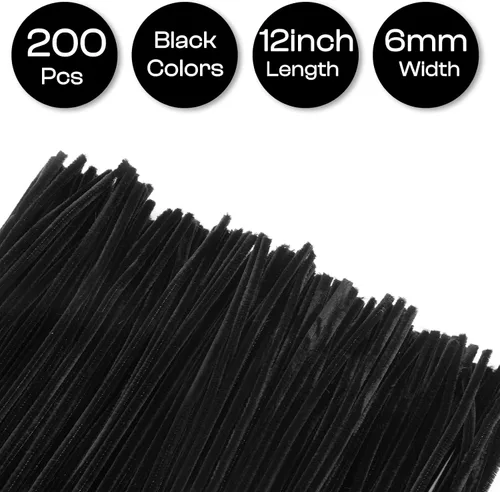 Vista 2 de Caydo 200 piezas de limpiadores de tubos negros de Halloween, varillas de chenilla para manualidades, en masa para niños, arte DIY, manualidades