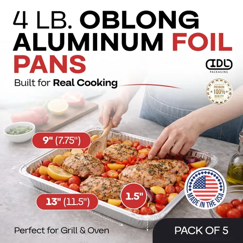 Vista 2 de IDL Packaging Sartenes de papel de aluminio oblongos de 4 libras – 13 x 9 x 1.5 pulgadas (paquete de 5) – Platos desechables de aluminio