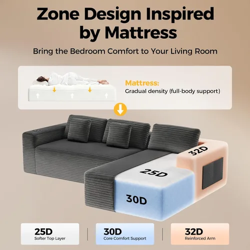 Vista 5 de CAMMOO Sofá seccional Cloud de 108 pulgadas, sofá seccional modular moderno con asiento profundo, sofá de pana sin estructura rígida con diván, sofá