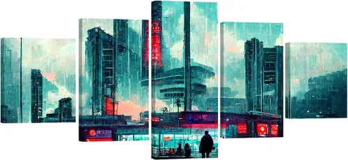 Vista 45 de Lienzo decorativo para pared, diseño de ciudad futurista Cyberpunk para sala de estar, impresión multipanel, obra de arte de cocina, pintura