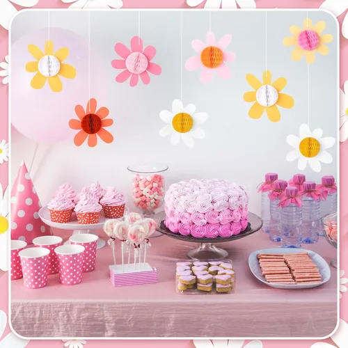 Vista 6 de Poen - 12 decoraciones de fiesta de margaritas con diseño de panal de abeja, flores bohemias para colgar en papel, decoraciones de verano, aula