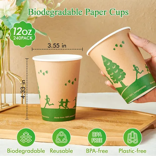 Vista 4 de ECOLipak 240 unidades de 12 onzas Tazas de papel compostables, tazas de café desechables biodegradables con revestimiento de PLA, tazas de papel
