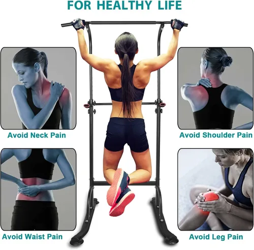 Vista 5 de Power Tower - Estación de inmersión de entrenamiento con barra de dominadas, altura ajustable, soporte de inmersión multifunción para gimnasio
