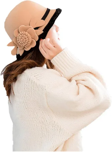 Vista 3 de Sombrero campana con flor, estilo vintage de los años 20 para usar en el invierno, la iglesia