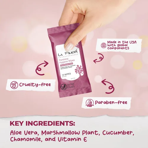 Vista 7 de LA Fresh Toallitas de higiene femenina para mujer, tamaño de viaje, paquete de 3 (30 unidades) Aloe Vera, Chamomile, Cucumber & Vitamin E Infused