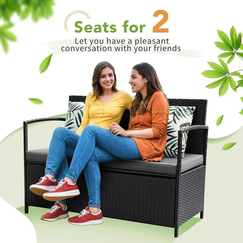 Vista 7 de Greesum Patio Loveseat PE Rattan mimbre muebles al aire libre, negro y gris