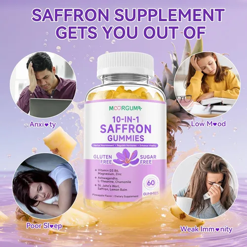 Vista 4 de Gomitas de Azafrán para Adultos y Niños, Suplemento Regulador de Cortisol 10-EN-1 con Azafrán 88.5mg, Vitamina D3, B6, Magnesio, Zinc, Ashwagandha
