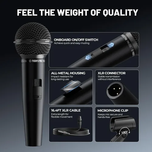 Vista 5 de Phenyx Pro Micrófono vocal dinámico, micrófono cardioide con interruptor de encendido/apagado, cable XLR de 16.4 pies, clip de micrófono, bolsa