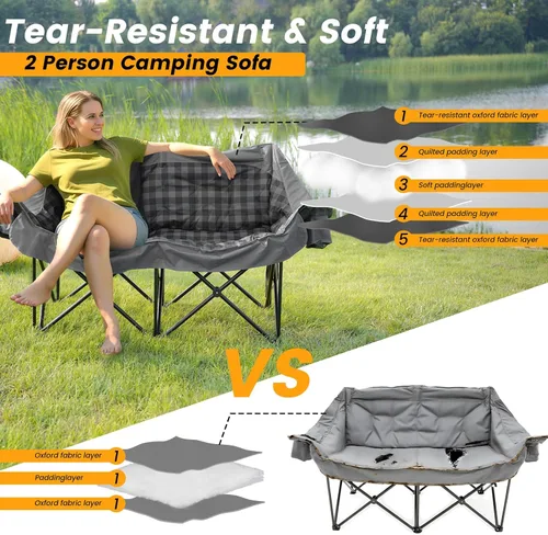 Vista 4 de Silla de Campamento Doble Climatizada con 2 Baterías, Sofá de Campamento Acolchado con 3 Niveles de Calor y 4 Zonas de Calefacción, Sofá de Dos
