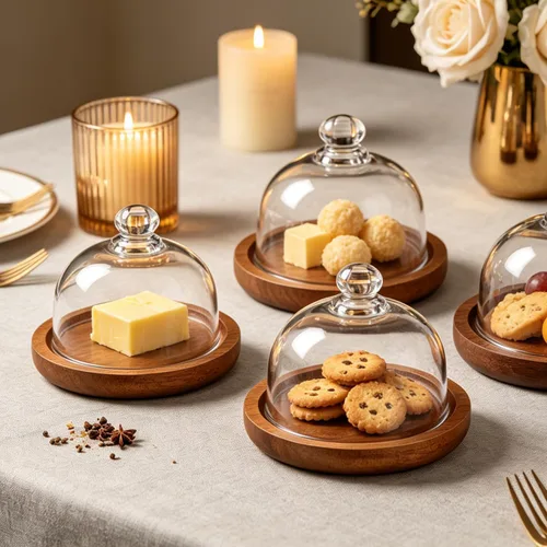 Vista 2 de Yardwe Paquete de 2 mini cúpula de postre de cristal con base de madera, soporte para pasteles de 3.4 pulgadas con cubierta de vidrio transparente