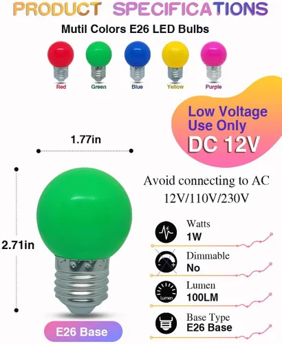 Vista 2 de Bombilla de luz CC de 12 V, bombillas LED de bajo voltaje, verde de 1 W G14 G45 Mini Globe E26, luces nocturnas de colores, equivalente a 10 W