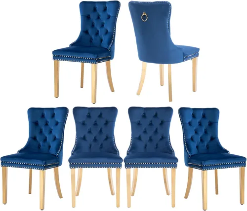 Vista 13 de Juego de 2 sillas de comedor de terciopelo, sillas de comedor tapizadas con tirador de anillo trasero, ribete de cabeza de clavo y patas doradas