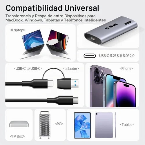 Vista 6 de SSK Disco duro externo SSD de 128 GB, SSD portátil de hasta 550 MB/s, unidades de estado sólido rápidas, unidad externa USB 3.2 Gen2 para iPhone