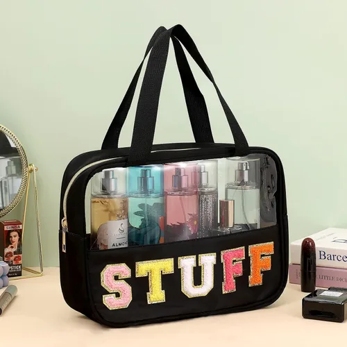 Vista 2 de Bolsa transparente de felpilla con parches de letras, bolsa de maquillaje transparente de PVC y nailon multiusos con asas, bolsa grande