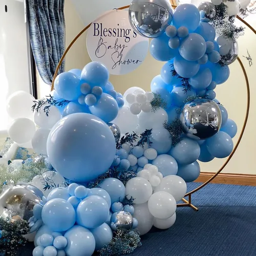 Vista 3 de Jobkoo Kit de arco de globos azul y blanco, guirnalda de globos de aluminio plateado 4D, globos de látex azul claro y plateado, globos de látex