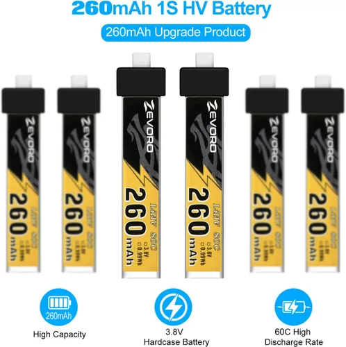 Vista 5 de 6pcs 260mAh 1S Lipo Batería 3.8V 80C LiHV Batería con BT2.0 Conector para FPV Tiny Whoop Drone Quadcopter
