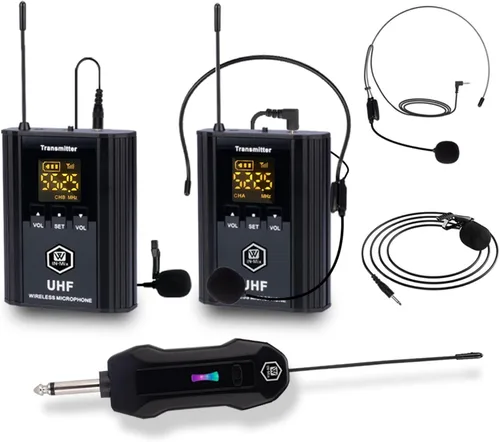 Vista 10 de W IN-MIX Sistema de micrófono inalámbrico UHF – 1 paquete con auriculares y micrófonos Lavalier, rango de 100 pies, 30 canales seleccionables