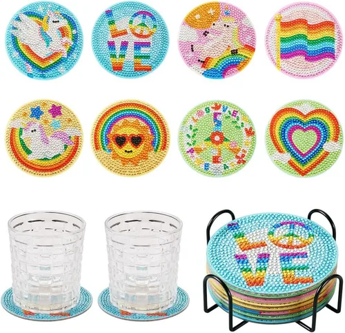 Vista 19 de FASHEWELRY 8 posavasos de arte de diamante con soporte para abejas, kit de posavasos de pintura de diamantes para bebidas, kits de arte de diamantes