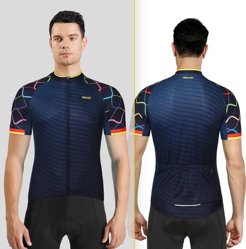 Vista 5 de ARSUXEO Camiseta de ciclismo de manga corta para hombre, camiseta de ciclismo de montaña MTB con bolsillos con cremallera reflectante