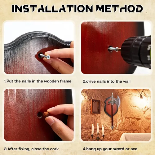 Vista 7 de Juexica Espada de madera para montaje en pared, placa de espada, soporte de pared universal con accesorios para decoración del hogar, negro y marrón