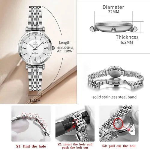 Vista 6 de SK Classic - Relojes de moda para mujer reloj de vestir de acero inoxidable sólido correa de cuero genuino