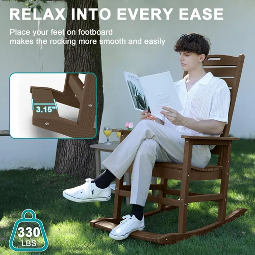 Vista 4 de PLUUV Silla mecedora de exterior con reposapiés extraíble para adultos, sillas mecedoras de patio de respaldo alto HDPE, sillas mecedoras de porche