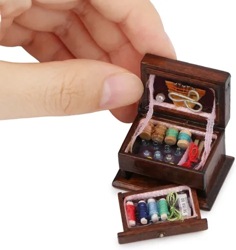 Vista 10 de Accesorios para casa de muñecas, kit de herramientas de costura en miniatura, accesorios para sala de coser, cesta de costura, modelo de simulación