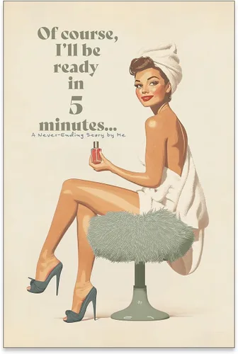 Vista 25 de Póster bohemio de baño verde salvia vintage de los años 70, arte de pared de chica pin-up de 08 x 10 pulgadas con marco negro "Por supuesto estaré