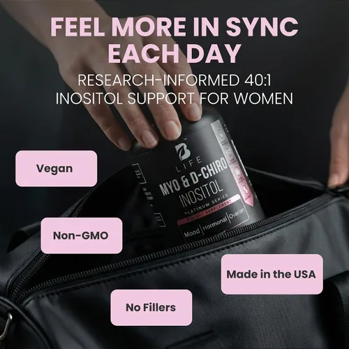 Vista 2 de B Life Company Myo-inositol y D-Chiro Inositol 40:1 para mujeres Suplemento de inositol para mujeres Equilibrio hormonal, fertilidad y ciclo
