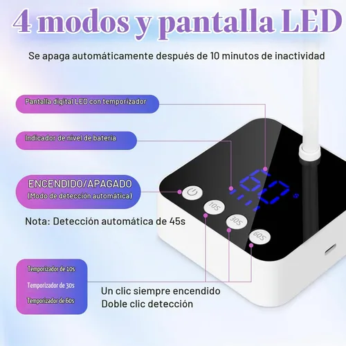 Vista 5 de Luz LED de uñas para uñas de gel - Mini lámpara de uñas de gel inalámbrica de 36 W, esmalte de curado flash, secadora de uñas con 4 veces y sensor