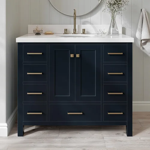 Vista 90 de ARIEL Cambridge tocador de baño con fregadero, madera maciza, encimera y protector contra salpicaduras de cuarzo blanco puro de 1.5 pulgadas